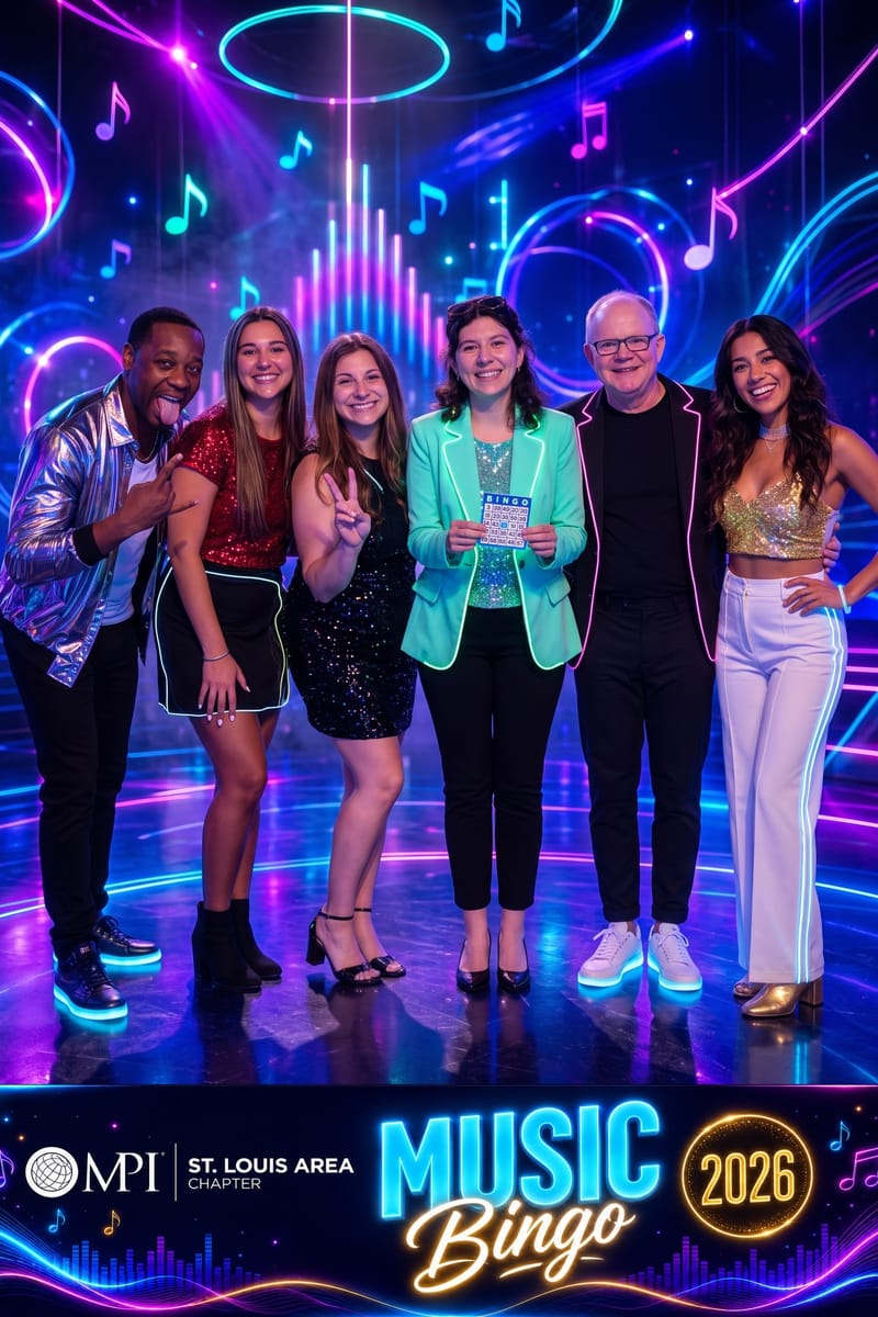 Six guests posing at a St. Louis AI photo booth with a neon music-notes backdrop for the MPI St. Louis Music Bingo 2026 event
