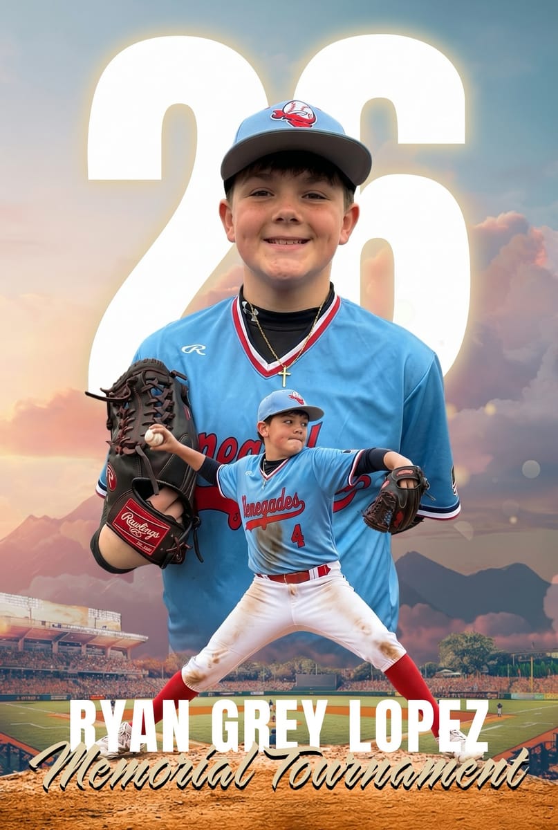 AI photo booth sports poster of a youth baseball pitcher created for the Ryan Grey Lopez Memorial Tournament