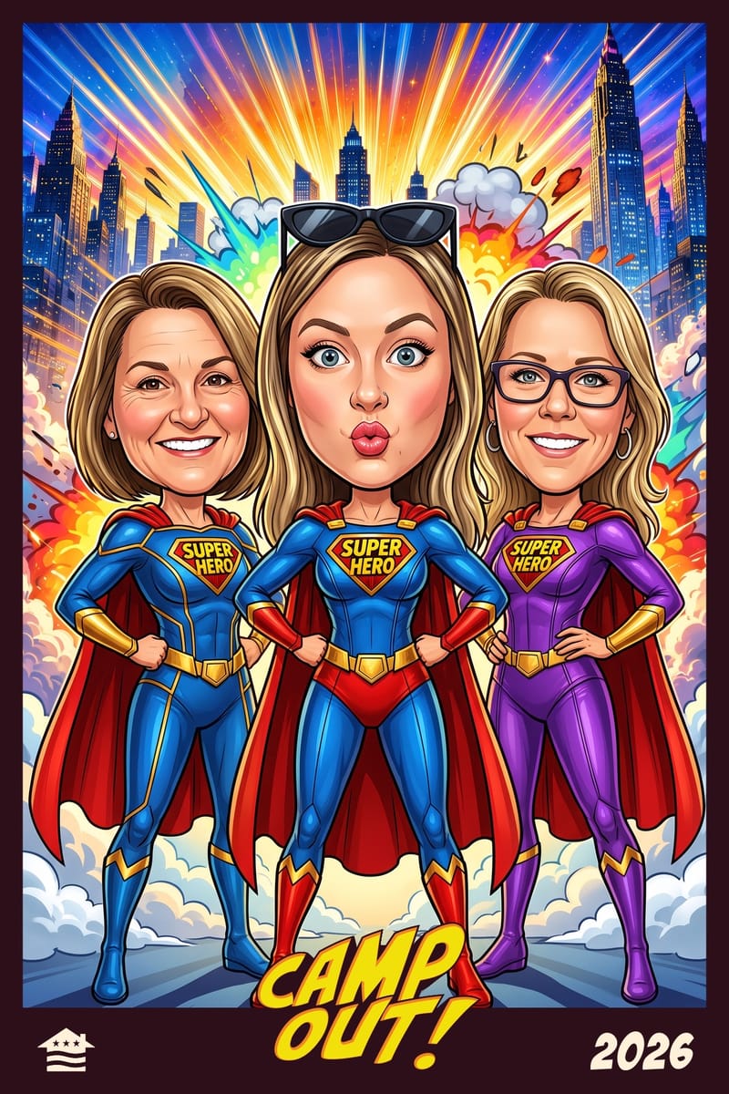 AI photo booth superhero trading card of three women styled as caped comic-book heroes for a Camp Out event
