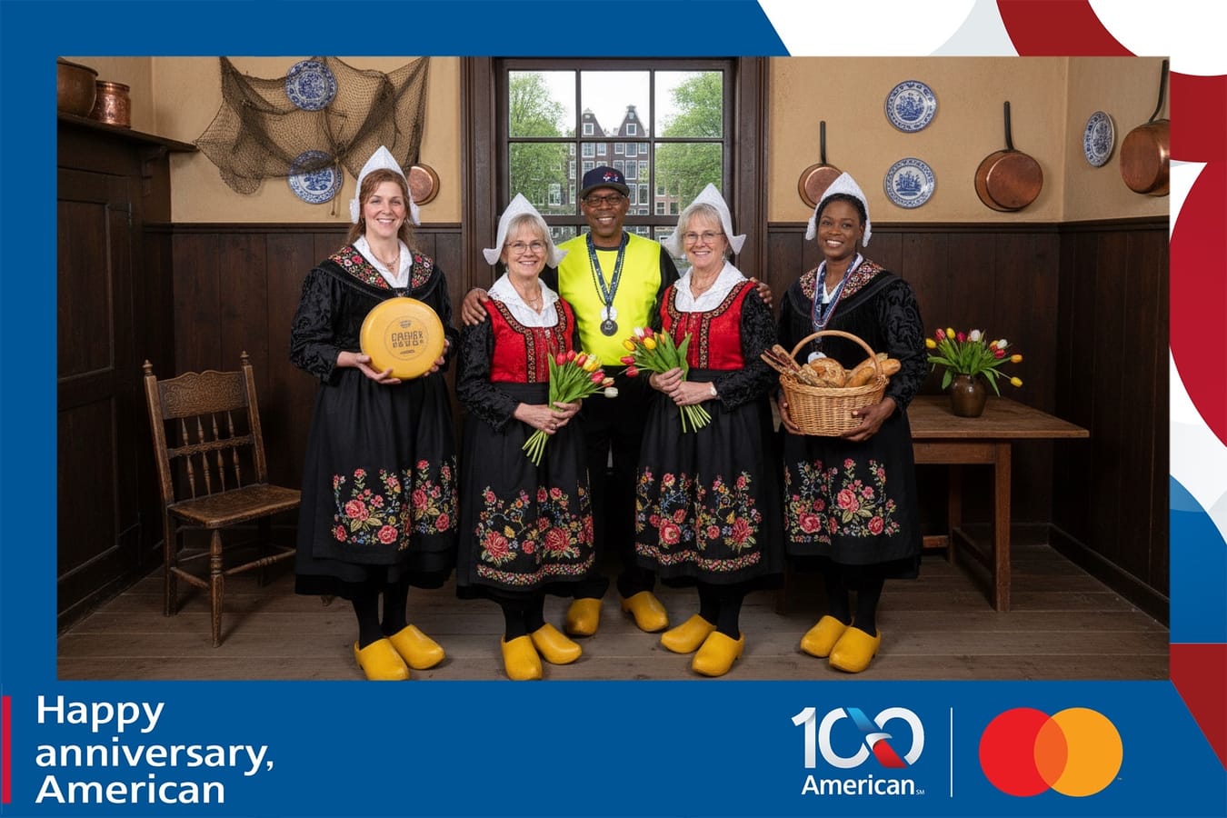 Guests in traditional Dutch costumes at a themed AI photo booth backdrop for a corporate 100th-anniversary celebration