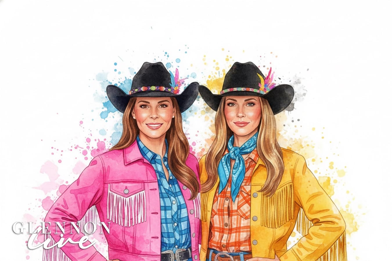 AI watercolor photo booth portrait of two guests styled as cowgirls for the Glennon Live event in St. Louis