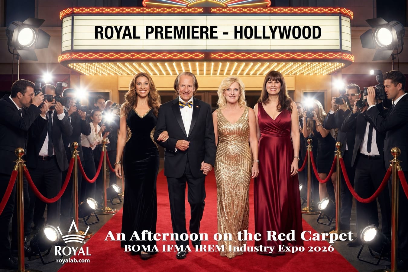 AI red-carpet photo booth image of four guests as Hollywood premiere celebrities at the BOMA IFMA IREM Industry Expo 2026