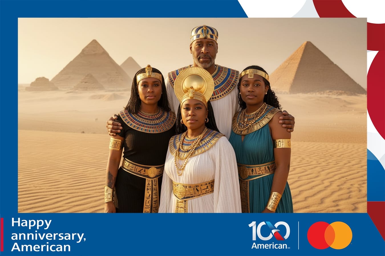 AI photo booth transformation of four guests into ancient Egyptian royalty at the Giza pyramids for a corporate anniversary event