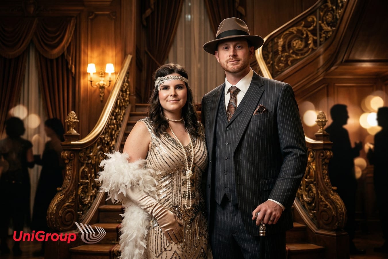AI 1920s Great Gatsby photo booth portrait of a couple on a grand staircase for a UniGroup corporate event