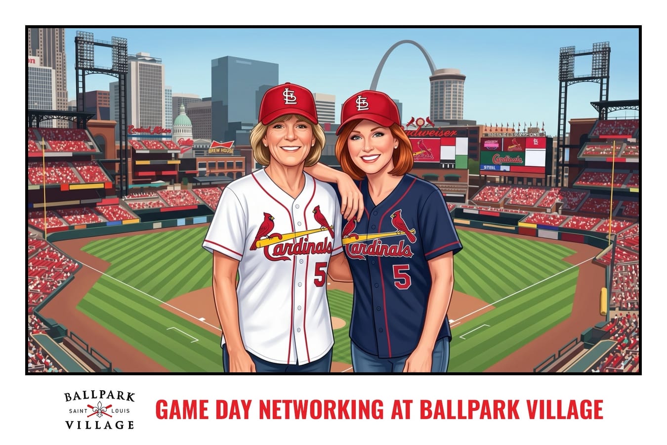 AI illustrated photo booth portrait of two guests in St. Louis Cardinals jerseys at Busch Stadium with the Gateway Arch for Ballpark Village game-day networking